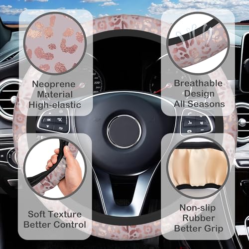 Rose Gold Leopard Print Steering Wheel Cover with 2 Pcs Car Coasters Neoprene Steering Wheel Cover for Women Men Anti-Slip Breathable Car Accessories Universal 15 Inch Fit Auto Cars Trucks - color: Rose Gold Leopard Print