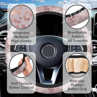 Rose Gold Leopard Print Steering Wheel Cover with 2 Pcs Car Coasters Neoprene Steering Wheel Cover for Women Men Anti-Slip Breathable Car Accessories Universal 15 Inch Fit Auto Cars Trucks - color: Rose Gold Leopard Print