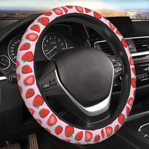 Kawaii Cute Pink Strawberry Strawberries Car Steering Wheel Cover,Non-Slip Elastic Neoprene-Sweat Car Accessories,Universal 15 Inch Fit Auto, Vans Trucks,Suvs, Truck - color: Strawberry