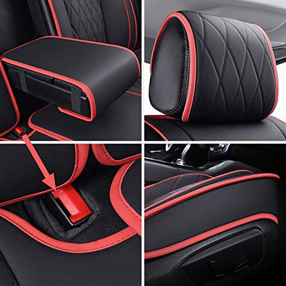 5 Car Seat Covers Full Set Waterproof Leather Universal Cushions Split Bench Compatible with Toyota Camry Kia Nissan Chevy Malibu CRV Focus Fusion Jeep Wrangler Cherokee (Full Set, Black-Red ) - color: Full Set/Black-Red