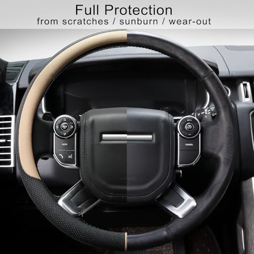 Breathable Car Steering Wheel Cover 16 inch Auto Universal Leather Wrap Non-Slip Steeringwheel Protector Automotive Interior Accessories, Beige (Suit for 15 1/2-16 inch) - color: A-Beige, size: L (15.5"-16")