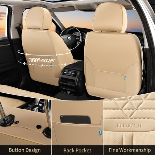 Car Seat Covers for Full Set, Universal Seat Cushion 5 Seats, Car Seat Protector Waterproof, Premium Leather Automotive Seat Covers for Most Cars, Sedans, SUVs, and Trucks-Beige
