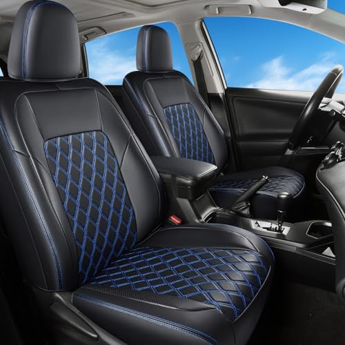 Huidasource Custom Fit RAV4 Car Seat Covers Front&Rear Full Set, Waterproof Leather Car Seat Protector Covers Fit for 2013-2018 Toyota Rav4 XLE LE XLE Premium Limited (Not for Hybrid, Black&Blue) - color: Full Set/Black&Blue, size: 2013-2018 RAV4(Non Hybr