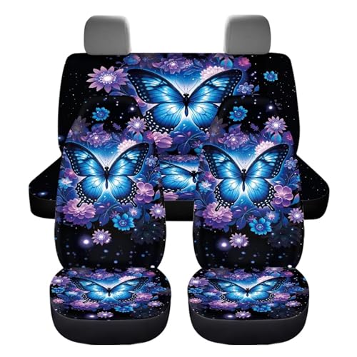 Butterfly Flower Car Seat Covers Full Set for Front and Rear 4 Pcs Blue Butterfly Car Accessories Set Pad Breathable Split Bench Seat Pads Universal Auto Interior Seat Protector Pet Blanket - color: Blue Butterfly Flower