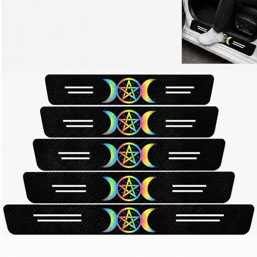 5PCS Pentacle Car Door Sill Protector, Carbon Fiber Leather Door Sill Sticker, Anti-Scratch Scuff Plate Sticker for All Car Models, Wiccan Car Accessories Decor, Pagan Gifts for Men Women - color: Stars and Moon