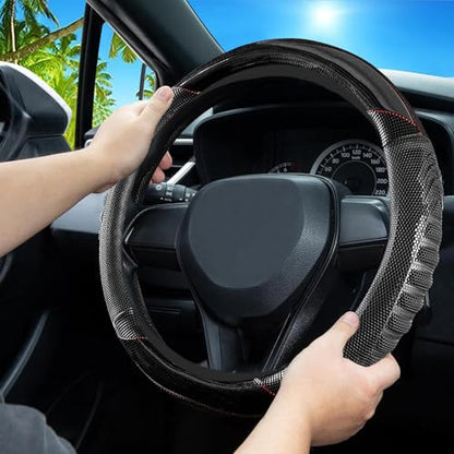 5D Honeycomb Black Car Steering Wheel Cover,14.5-15 Inch Universal Carbon Fibre Leather Covers Breathable Anti-Slip Odorless Steering Wheels Accessories for Men Women - color: 5D Honeycomb - Black