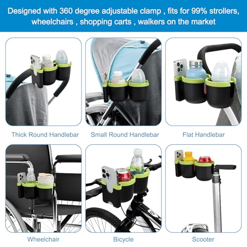 Accmor Stroller Cup Holder with Phone Holder, Bike Cup Holder, Universal Cup Holder for Uppababy Nuna Doona Strollers, 2-in-1 Cup Holder for Walker, Wheelchair, Scooter - color: Double Holder-Green