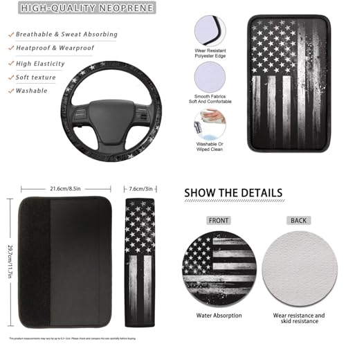 16 Piece Car Interior Cover Set, American Flag Printed Car Front Rear Seat Covers with Steering Wheel Protector Center Console Covers Seatbelt Pads Head Rest Cover Cars Coaster, Universal Fit - color: Black and White - American Flag