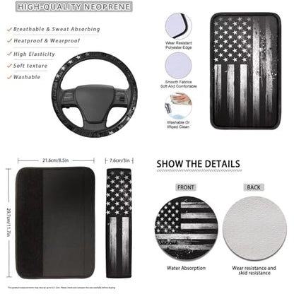 16 Piece Car Interior Cover Set, American Flag Printed Car Front Rear Seat Covers with Steering Wheel Protector Center Console Covers Seatbelt Pads Head Rest Cover Cars Coaster, Universal Fit - color: Black and White - American Flag