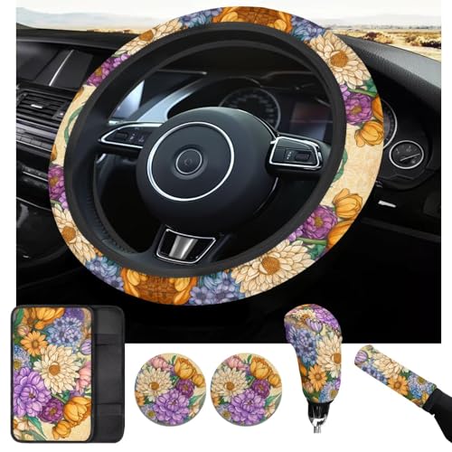 Yellow Chrysanthemum Print Car Steering Wheel Cover Sets Cup Holder Handbrake Gear Cover Armrest Cover Car Interior Accessories -6pcs - color: Chrysanthemum