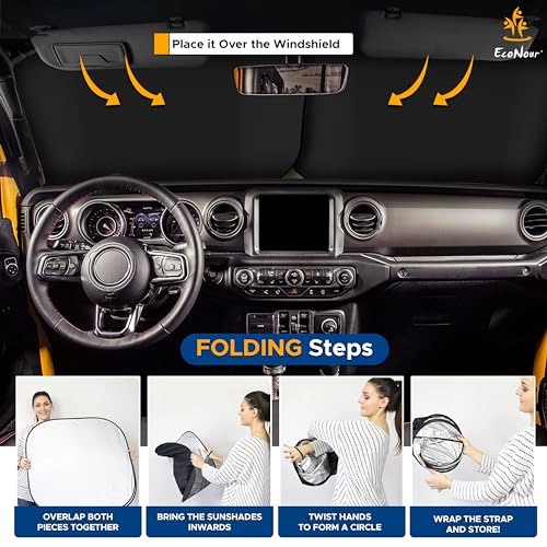 EcoNour 2-Piece Jeep Sunshade for Windshield Compatible with Wrangler JL JLU 2018–2025 & Gladiator 2020–2026, Foldable Sun Shade UV Block Heat Shield, Keeps Interior Cool, Upgraded Fit – (26"L x 18"W) - size: X-Small