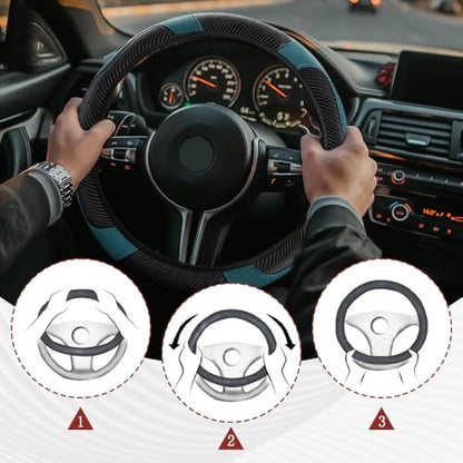 Car Steering Wheel Cover, Steering Wheel Protector, Universal 14.5-15 Inch Microfiber Leather Breathable Auto Steering Wheel Covers, Carbon Fiber Steering Wheel Cover for Women Men (Dark Green) - color: Dark green