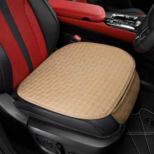 Front Car Seat Cover, Anti-Slip Bottom Front Seat Cover Protector with Storage Pocket, Breathable Linen Driver Seat Protector, Comfortable Front Cushion Pad Universal for Cars Trucks SUVs Vans (Beige) - color: Beige, size: Front