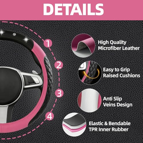 NBTEPEM 6 PCS Bling Car Accessories Set, Leather Steering Wheel Covers Universal 14.5-15 inch, Center Console Cover, Seat Belt Cushion, Cup Holder Coaster (Pink) - color: Pink