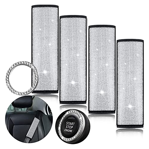 5 Pack Bling Seat Belt Covers Rhinestones Car Seat Belt Strap Shoulder Pad for Women with Crystal Diamond Soft Rhinestone Start Button Universal Interior Accessories for Car SUV