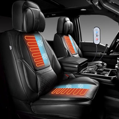 CAR PASS Ventilation Cooling Seat Cover,Luxury Nappa Leather 5 Seat Cover with Vibrate Massage 12V, Lumbar Support, Seat Covers for SUVs,Pickups,Trucks,Vehicles (Solid Black) - color: Black Cooling