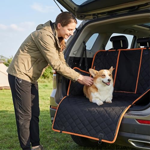 Dog Car Seat Cover with Side Flaps - TG2038 600D Heavy Duty Waterproof Hammock - Scratch-Proof Nonslip Pet Back Seat Protector for Cars, Trucks, SUVs, Black/Orange