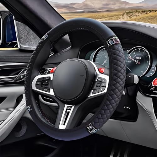Bling Soft Leather Steering Wheel Cover, 15" Anti-Slip Sparkly Crystal Auto Elastic Steering Wheel Protector for Women Girl, Colorful Diamond Car Interior Accessory for Most Cars (Black) - color: Black