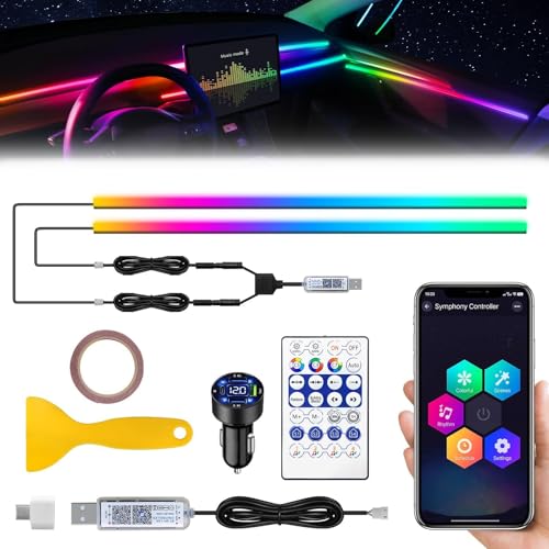 Dreamcolor Acrylic Interior Car LED Strip Light with USB/Type C/4-Port Cigarette Lighter, RGB 2 in 1 with 59.04 inches LEDs Ambient Lighting Kits, Sound Active Function Neon Led Strips for Car - size: dreamcolor 2 in 1(29.52inch*2)