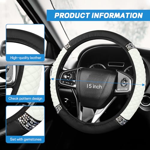 8PCS Car Accessories Set, Bling Leather Car Steering Wheel Cover with Armrest Pad, Seat Belt Cover Pads, Cup Holder Coasters, Gear Shift & Handbrake Covers, Auto Interior Accessories (White) - color: White