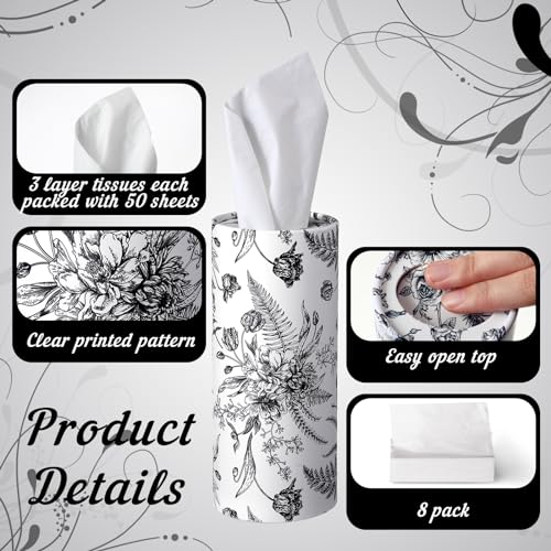 Zonon 4 Pcs Vintage Floral Car Tissue Cylinder with 240 Sheets 3 Ply Facial Tissue Bulk Black and White Round Tissues Holder Box Travel Tubes for Car Cup Holder Round Container