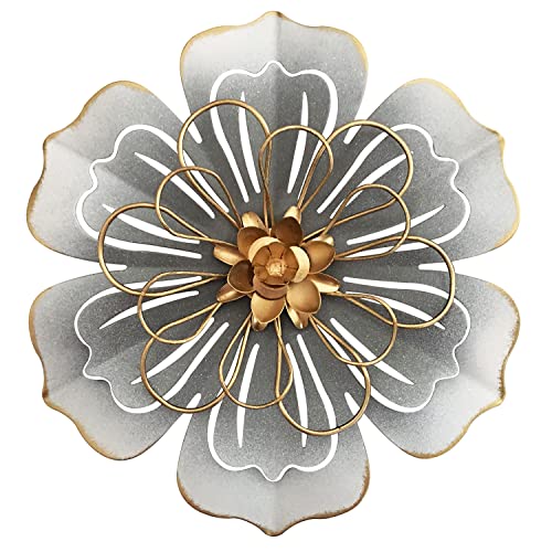 Metal Flower Wall Art Decor, 8.3" Rustic Modern Floral Sculpture, Distressed Iron Wall Hanging Home Decoration Accent Artworks for Indoor Kitchen Bedroom Living Room Office Outdoor Garden Patio - 06 - color: 06-Grey Gold