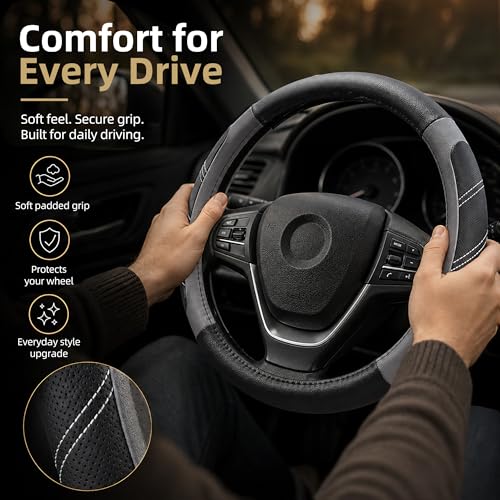 Elantrip Leather Large Steering Wheel Cover 14 1/2 inch to 15 inch Universal, Soft Grip Breathable for Car Truck SUV Jeep Anti Slip Gray - color: Gray, size: 14 1/2 - 15 Inch