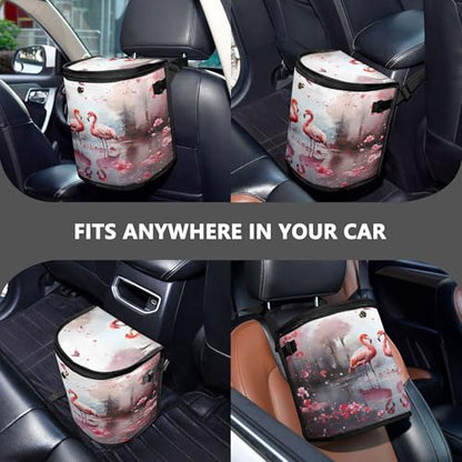 MNSRUU Car Trash Can with Lid, Flamingos and Flowers Car Trash Bag Hanging Organizers and Storage for Front Back Seat, Leak-Proof Trash Bin - color: Flamingos A 0325