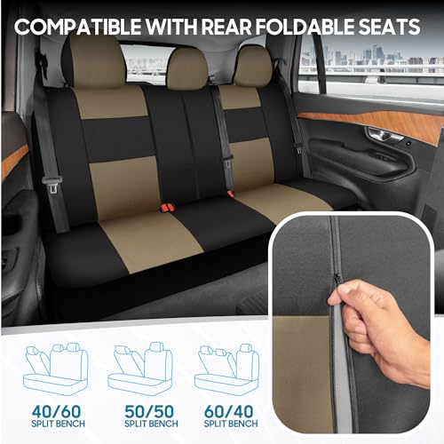 BDK PolyPro Seat Covers Full Set in Beige on Black – Front and Rear Split Bench Seat Covers for Cars, Easy to Install , Car Accessories for Auto Trucks Van SUV - color: Beige
