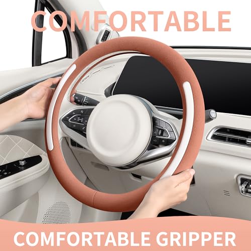 Steering Wheel Cover, Universal 15 inch, Faux Leather Steering Wheel Protector Anti-Slip, Breathable & Heating-Compatible for Cars Trucks SUVs Vans - color: Brown