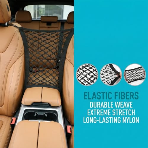 Car Mesh Organizer, 3-Layer Four-Side Elastic Vehicle Kid Dog Pet Net Barrier Between Front Seats, Automotive Interior Storage Netting Pouch for Tissue Purse, Universal for SUV Van Sedan