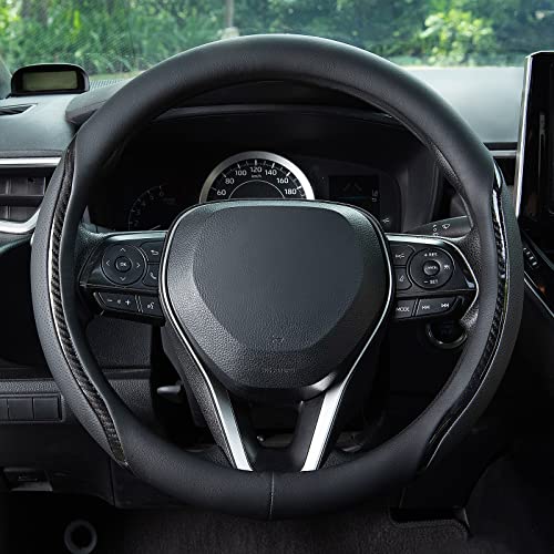 Car Steering Wheel Cover Black, 14-14.5 inch Steering Wheel Covers with Coasters Microfiber Leather Carbon Fiber Breathable Anti-Slip Durable Universal Auto Steering Wheel Protective - color: black02, size: Small