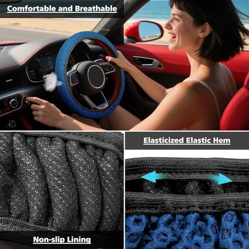 KAFEEK Elastic Stretch Steering Wheel Cover 15 Inch, Breathable Ice Silk Microfiber, Non-Slip Grip, Warm in Winter and Cool in Summer, Odorless, Car Accessories Fit Cars, SUVs, Light Blue - color: blue
