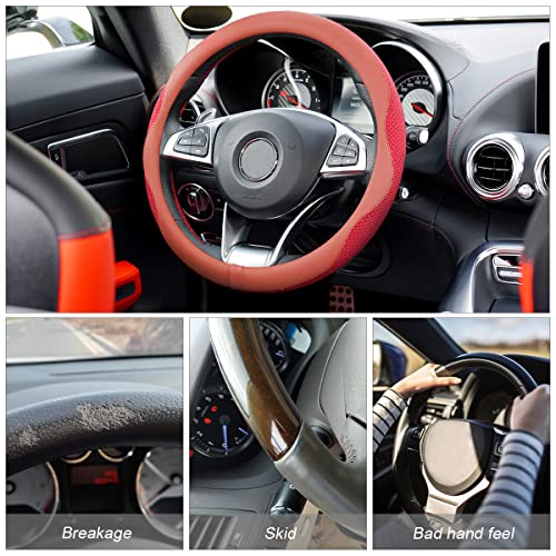 Car Steering Wheel Cover, Microfiber Breathable Ice Silk Leather Steering Wheel Cover Soft Anti-Slip Safety, 15inch Four Season Universal Fits for Most Truck,SUV,Cars (Red) - color: Red
