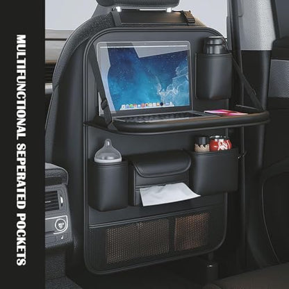 2 Pack Leather Car Backseat Organizer with Foldable Table Tray, Universal Car Seat Back Protector Kick Mat with Touchscreen Tablet Holder, Storage Pockets, Cup Holders & Tissue Holder, Black