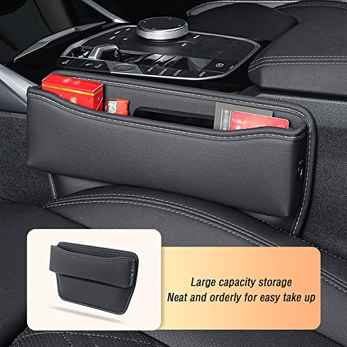 Large Capacity Car Seat Gap Filler with 2 Charge Hole - Microfiber Leather Organizer Storages Items & Keeps Quiet Tidy Storage Box for Phone,Key,Cigarette,Glasses (Black/2pcs)