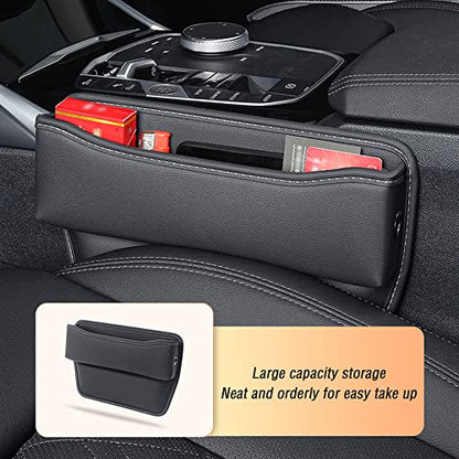 Large Capacity Car Seat Gap Filler with 2 Charge Hole - Microfiber Leather Organizer Storages Items & Keeps Quiet Tidy Storage Box for Phone,Key,Cigarette,Glasses (Black/2pcs)