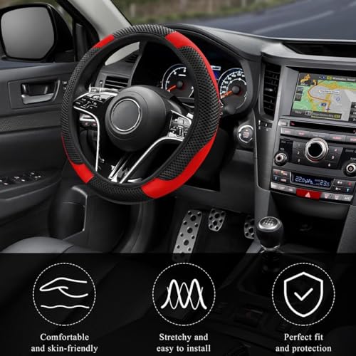 Elastic Stretch Steering Wheel Cover, Warm in Winter and Cool in Summer, Universal 15 inch Microfiber Breathable Ice Silk Anti Slip Car Interior Accessories, Odorless, (Black Red) - color: Red