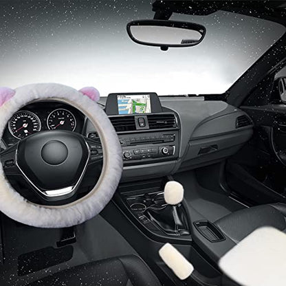 9 Pack Cute Bear Fluffy Steering Wheel Cover with Furry Gear Cover,Handbrake Cover,Seat Belt Pad,Armrest Pad,Bling Car Coaster and Fur Key Chain for Women Girls (Beige) - color: Beige