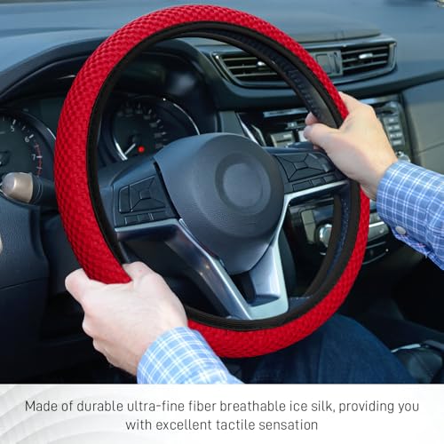 Elastic Stretch Steering Wheel Cover, Steering Wheel Protector, 15 Inch Anti-Slip Breathable Microfiber Ice Silk Protection, Easy Carry, Warm in Winter & Cool in Summer for Cars (Red) - color: Red