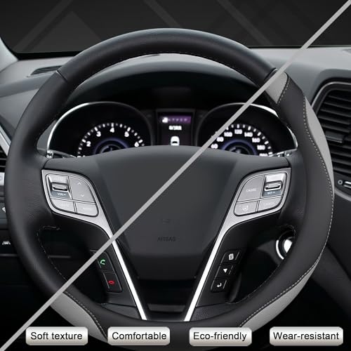 Customized Auto Car Steering Wheel Cover for Hyundai,Tucson,Sonata,Elantra,Santa Fe,Genesis,Sonata Hybrid,Azera,Venue,Kona, 14.5-15 inches(Black+Gray - Standard Size)