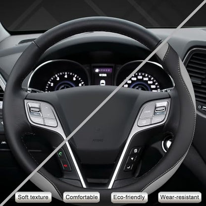 Customized Auto Car Steering Wheel Cover for Hyundai,Tucson,Sonata,Elantra,Santa Fe,Genesis,Sonata Hybrid,Azera,Venue,Kona, 14.5-15 inches(Black+Gray - Standard Size)