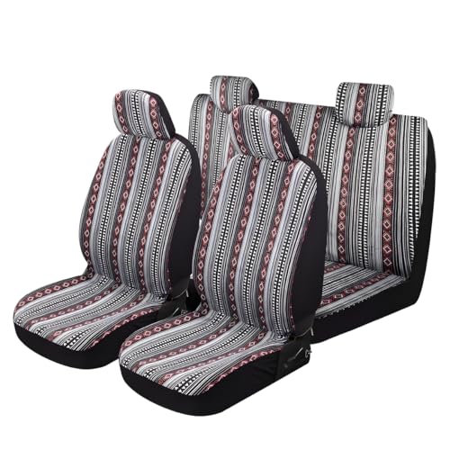 9PCS Baja Saddle Blanket Car Seat Covers, Front Set Breathable Washable Seat Covers with Seatbelt Pad, Striped Woven Cloth Airbag Compatible Seats Protector for Most Vehicles (Black White Red) - color: Black White Red