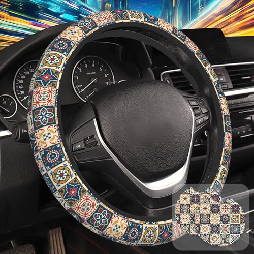 Ethnic Moroccan Floral Flower Steering Wheel Cover with 2 Pcs Car Coasters Neoprene Steering Wheel Cover for Women Men Anti-Slip Breathable Car Accessories Universal 15 Inch Fit Auto Cars Trucks - color: Ethnic Moroccan Floral Flower