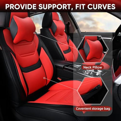TIEHESYT Car Seat Covers Full Set, Breathable Leather Automotive Front and Rear Seat Covers & Headrest for Reduce The Driving Fatigue, Compatible with Most Vehicles, Cars (Black&Red, Front Pair) - color: Black&Red, size: Front Pair