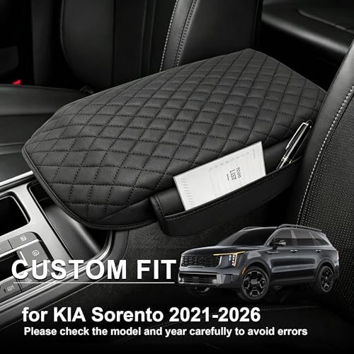 Center Console Cover with Side Pocketes for Kia Sorento 2021-2026 Accessories, Armrest Cover Thickened PU Leather Car Armrest Box Cushion Pad Protector Diamond Stitching - size: for Kia Sorento 2021-2026