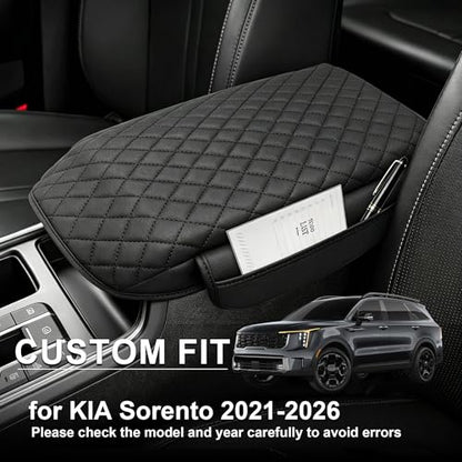 Center Console Cover with Side Pocketes for Kia Sorento 2021-2026 Accessories, Armrest Cover Thickened PU Leather Car Armrest Box Cushion Pad Protector Diamond Stitching - size: for Kia Sorento 2021-2026