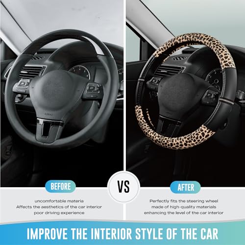 Road Comforts Leopard Steering Wheel Cover - Made with PVC Leather Cheetah Print - Anti-Slip, Universal Fit 14 1/2 inches to 15 inches - Black - color: Black