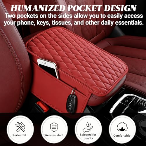 Car Center Console Cover, Upgraded Microfiber Car Armrest Cover Cushion, with 2 Storage Bags Scratch, Resistant Leather Cars Armrest Storage Box Universal Vehicles Accessories (Red) - color: Red