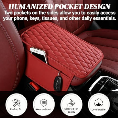 Car Center Console Cover, Upgraded Microfiber Car Armrest Cover Cushion, with 2 Storage Bags Scratch, Resistant Leather Cars Armrest Storage Box Universal Vehicles Accessories (Red) - color: Red